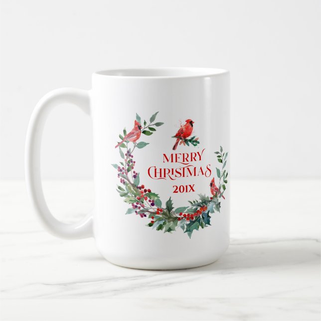 Christmas Wreath, Typography & Red Robin Coffee Mug (Left)