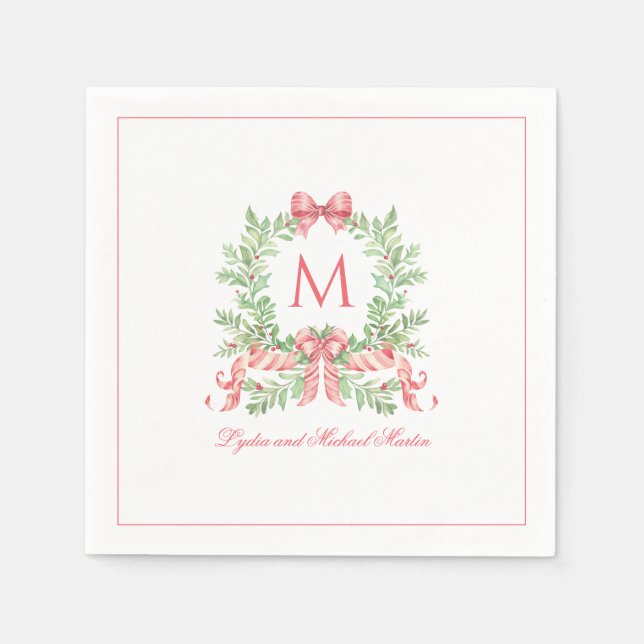 Christmas Wreath w Candy Cane Bow | Monogram  Napkin (Front)