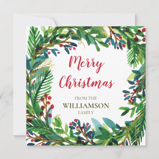 Christmas Wreath Watecolor Holiday Family Name Card (Front)