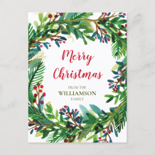 Christmas Wreath Watecolor Holiday Family Name Postcard