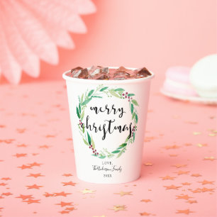 Christmas Wreath Watercolor Merry Christmas Chic Paper Cups