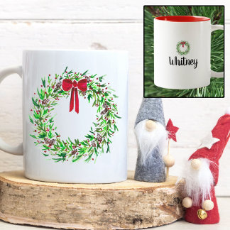 Christmas Wreath Watercolor Red Berries & Pine Two-Tone Coffee Mug