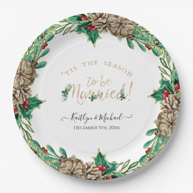 Christmas Wreath Watercolor Season to be Married Paper Plate (Front)