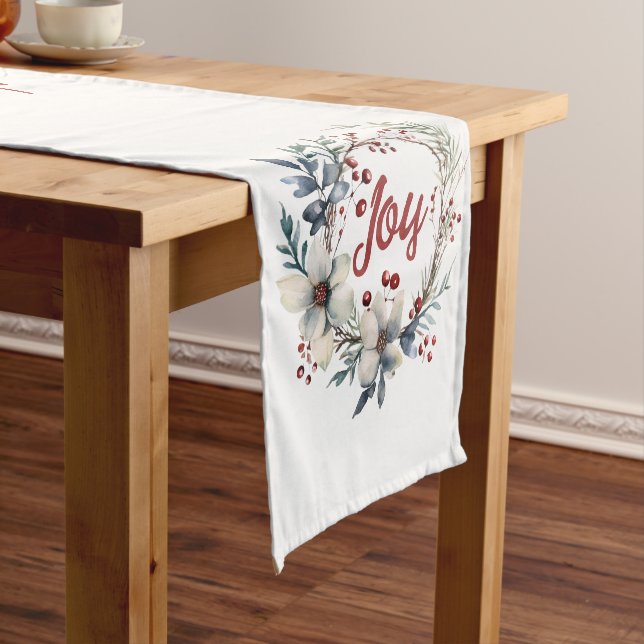 Christmas wreath, white flowers and berries joy short table runner (In Situ)