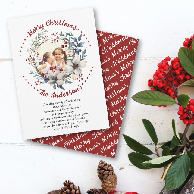 Christmas wreath white flowers and berries photo holiday card (Creator Uploaded)