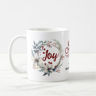 Christmas wreath, white flowers, red berries Joy Coffee Mug