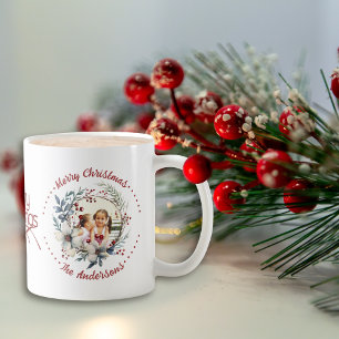 Christmas wreath, white flowers, red berries photo coffee mug