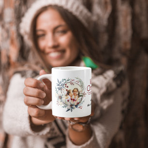 Christmas wreath, white flowers, red berries photo coffee mug