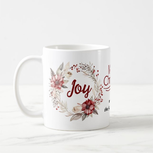 Christmas wreath whith red flowers and berries Joy Coffee Mug (Left)