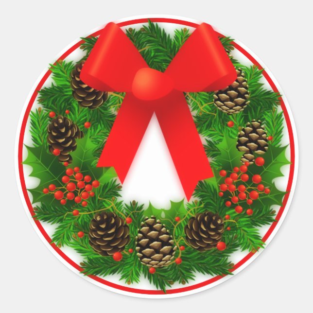 Christmas Wreath With Bow Classic Round Sticker (Front)