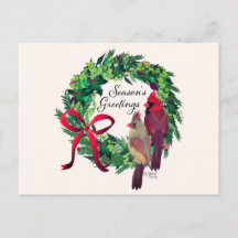 Christmas Wreath with Cardinals Greeting Postcard