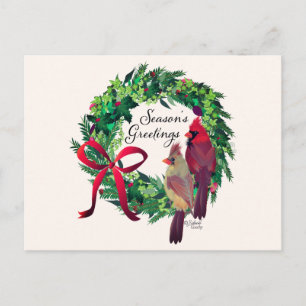 Christmas Wreath with Cardinals Greeting Postcard