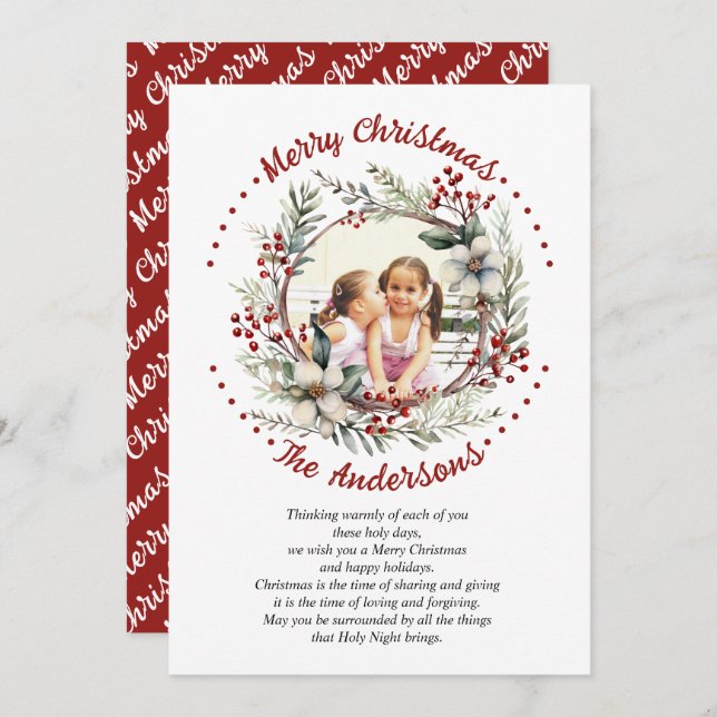 Christmas wreath with flowers and berries photo holiday card (Front/Back)
