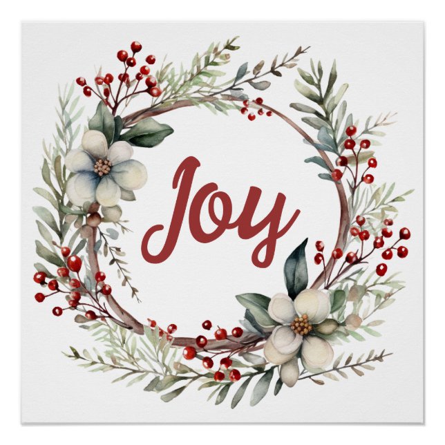 Christmas wreath with flowers and red berries joy poster (Front)