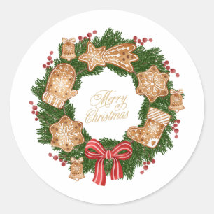 Christmas Wreath with Gingerbread Cookies, Berries Classic Round Sticker
