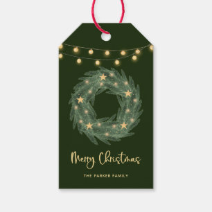 Christmas Wreath with Gold String Lights on Green Gift Tags