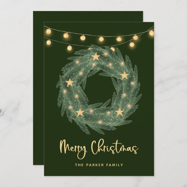 Christmas Wreath with Gold String Lights on Green Holiday Card (Front/Back)