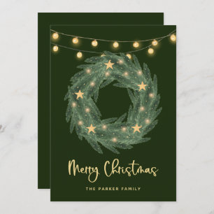 Christmas Wreath with Gold String Lights on Green Holiday Card