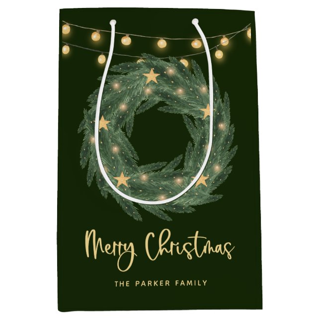 Christmas Wreath with Gold String Lights on Green Medium Gift Bag (Front)