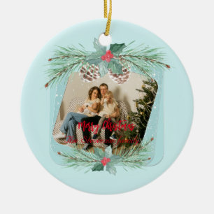 Christmas wreath with holly and spruce branches. ceramic tree decoration
