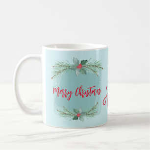 Christmas wreath with holly and spruce branches. coffee mug