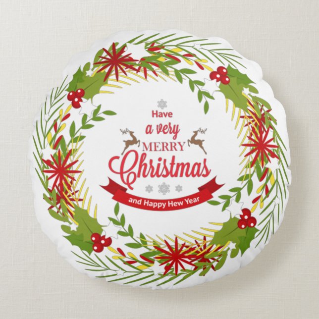 Christmas Wreath with Mistletoe Round Cushion (Front)
