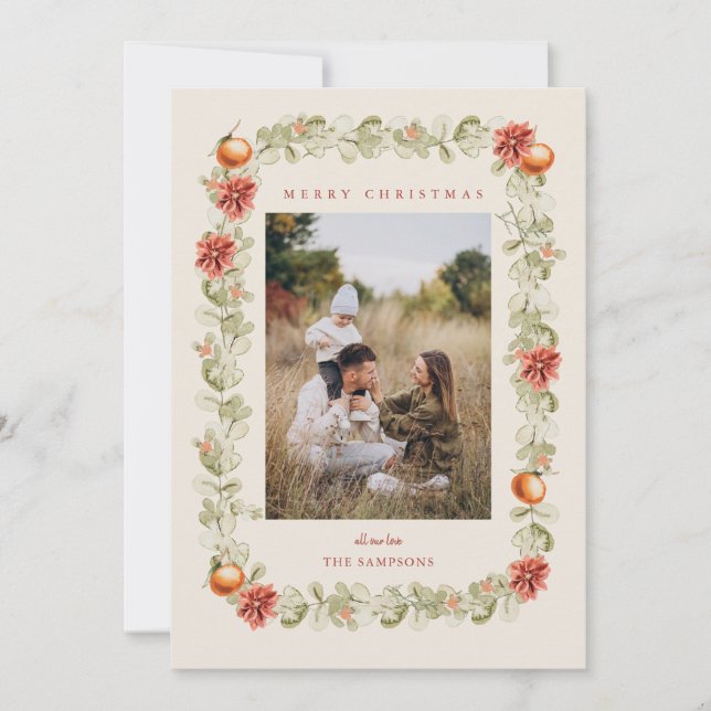 Christmas Wreath with Oranges and Poinsettia Photo Invitation (Front)