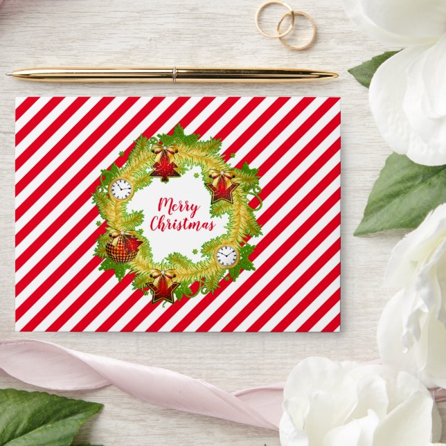 Christmas Wreath with Ornaments and Red Stripes Envelope (Wedding)