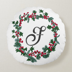 Christmas wreath with personalised initial round cushion
