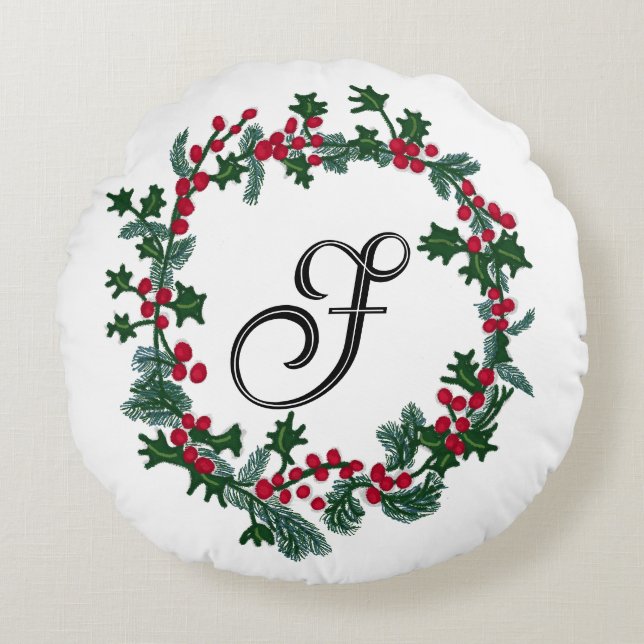 Christmas wreath with personalised initial round cushion (Front)