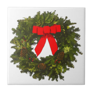 Christmas Wreath with Pine Cones and Red Bow Tile