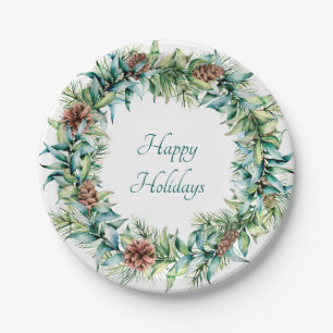 Christmas Wreath with Pinecones Paper Plate
