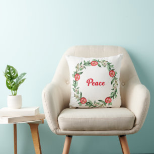 Christmas Wreath with Pink Blooms Peace Pillow