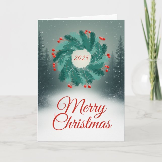 Christmas Wreath with Red Berries and Forest Card (Front)