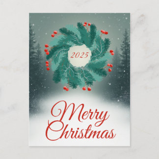 Christmas Wreath with Red Berries and Forest Holiday Postcard