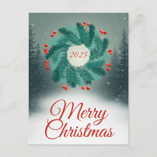 Christmas Wreath with Red Berries and Forest Postcard