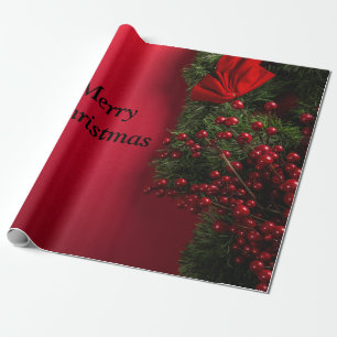 christmas wreath with red berries wrapping paper