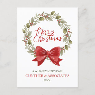 Christmas Wreath with Red Bow Corporate Greeting  Holiday Postcard
