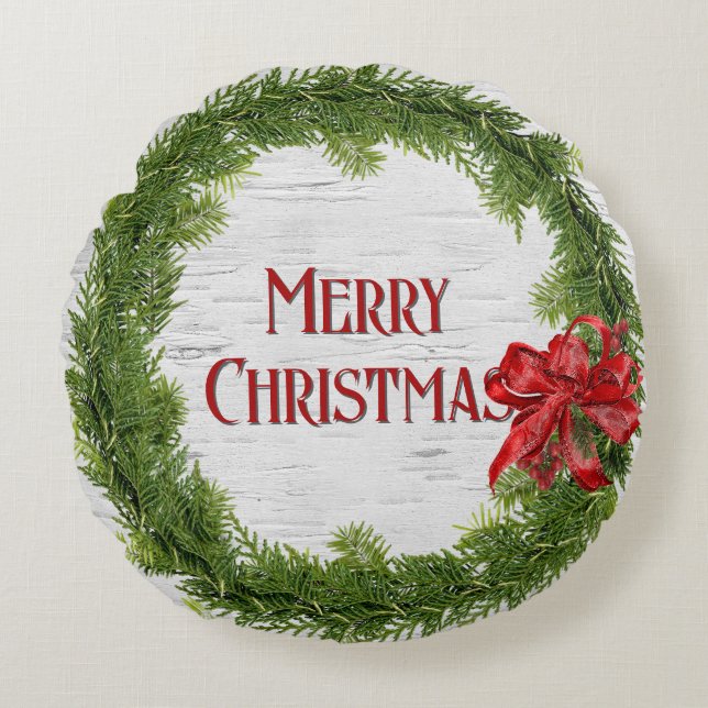 Christmas Wreath With Red Bow On Birch Round Cushion (Front)