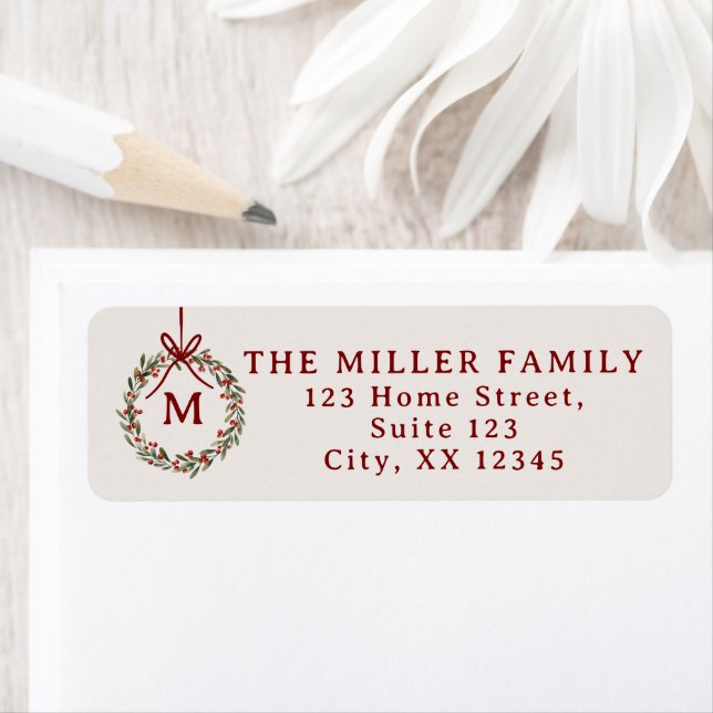 Christmas wreath with red bow Return Address Label (Insitu)