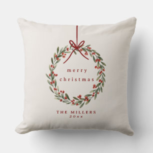 Christmas wreath with red bow Throw Pillow