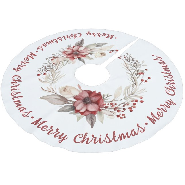 Christmas wreath with red flowers and berries  brushed polyester tree skirt (Angled)