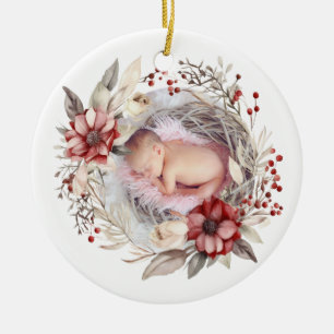 Christmas wreath with red flowers, berries photo ceramic tree decoration