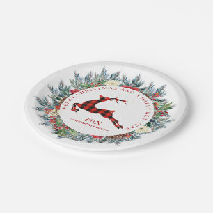 Christmas wreath with red plaid Christmas deer Paper Plate