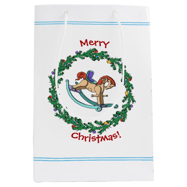 Christmas Wreath With Rocking Horse Medium Gift Bag (Front)