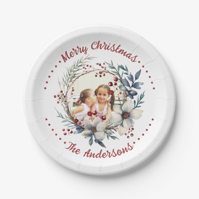 Christmas wreath with white flowers photo paper plate (Front)