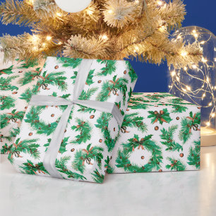 Christmas Wreathes Berries Bows Modern Christmas Wrapping Paper