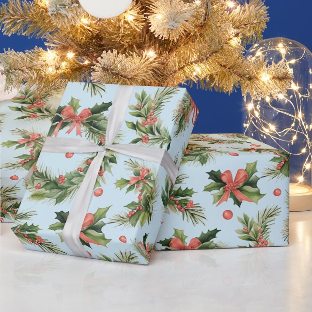 Christmas Wreathes Berries Bows Modern Christmas Wrapping Paper (Holidays)