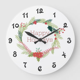 Christmas Wreaths Happy Holidays Large Clock