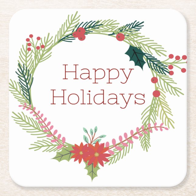 Christmas Wreaths Happy Holidays Square Paper Coaster (Front)